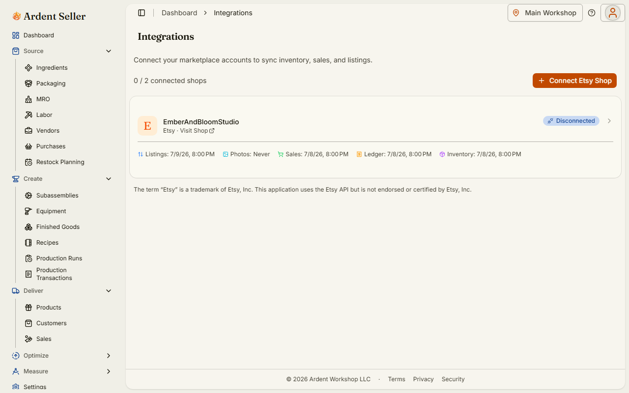 The Integrations page in Ardent Seller settings with the Connect Etsy Shop button and a connected shop card
