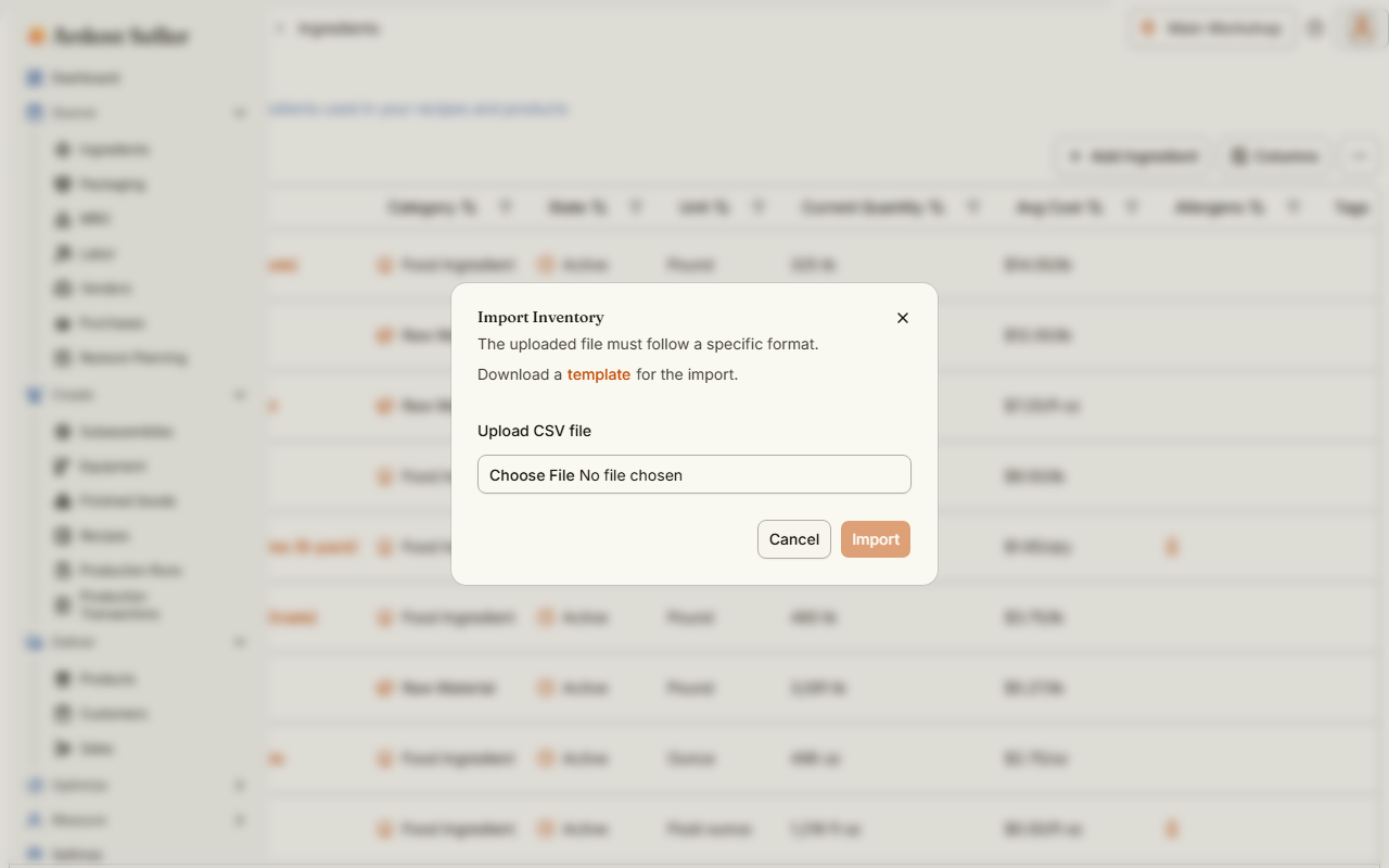 The Import Inventory dialog opened from a list page, with the template download link and CSV file picker