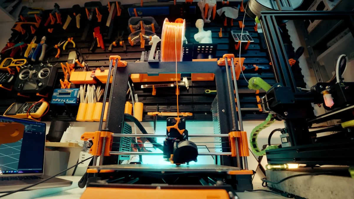 A 3D printer with orange filament spool mid-print on a blue-lit bed in a maker workshop surrounded by tools on a pegboard