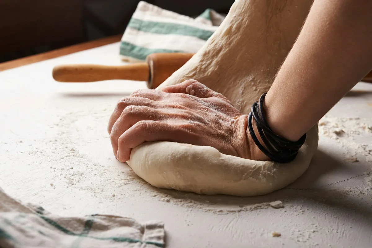 Two flour-dusted hands kneading a soft round of bread dough on a white wooden counter, with a wooden rolling pin and a striped green and white tea towel resting nearby