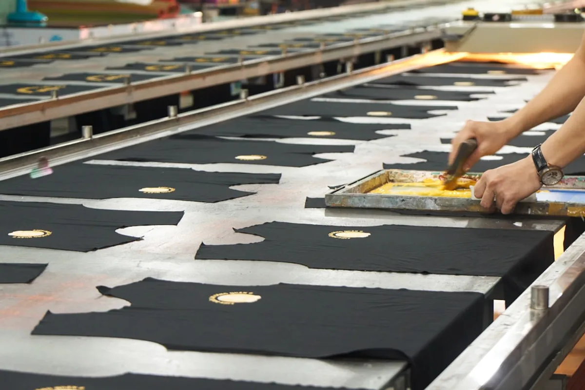 Rows of identical black fabric panels on a screen-printing line, each stamped with the same gold emblem
