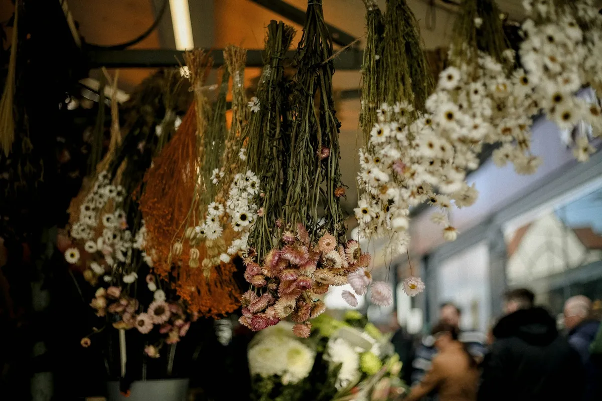 Bunches of dried pink and white strawflowers and orange grasses hanging upside down from the ceiling of a market stall, with shoppers blurred in the background