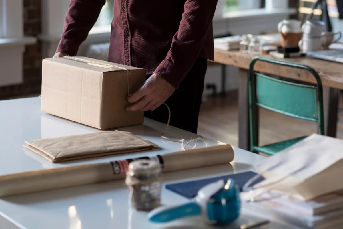 A packing bench in a bright studio: a cardboard shipping box held steady on a white table beside a roll of kraft paper, folded tissue, twine, a teal tape dispenser, and scissors