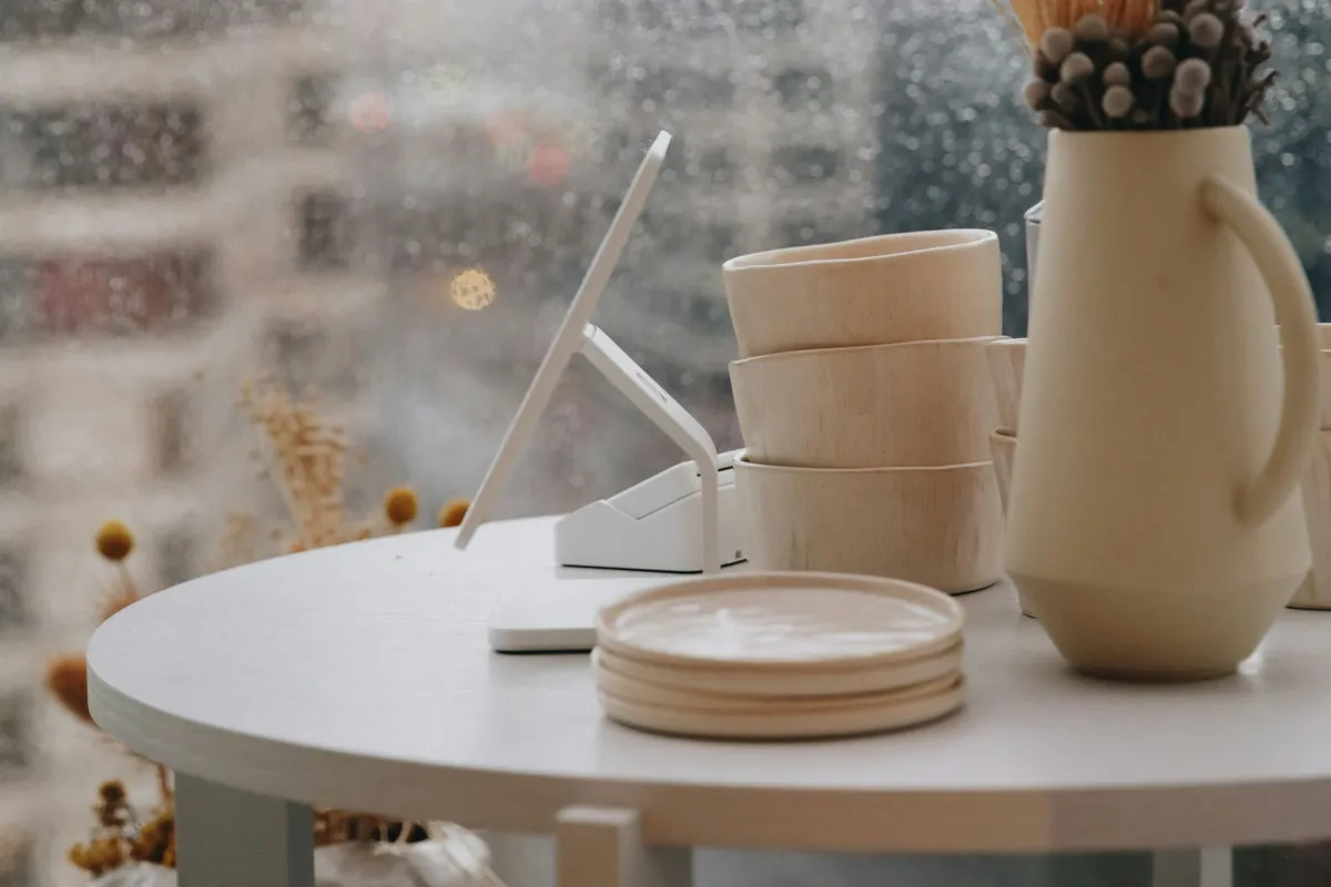 A white tablet register on a round table beside stacked handmade ceramic cups, plates and a cream pitcher of dried flowers, in front of a rain-streaked window
