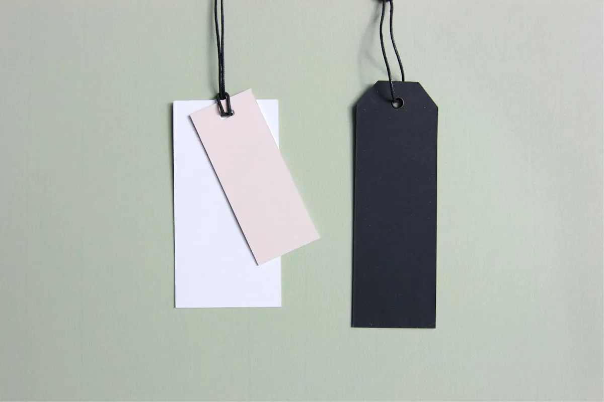 Three blank hanging price tags — an overlapping pair of white and pink tags on the left and a single dark tag on the right — suspended by black cords against a soft sage green background