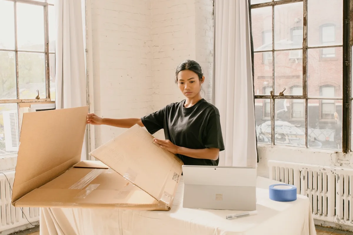 A maker standing at a cloth-covered table in a bright loft studio, lifting the flaps of a large flat cardboard shipping box beside an open laptop and a roll of blue tape