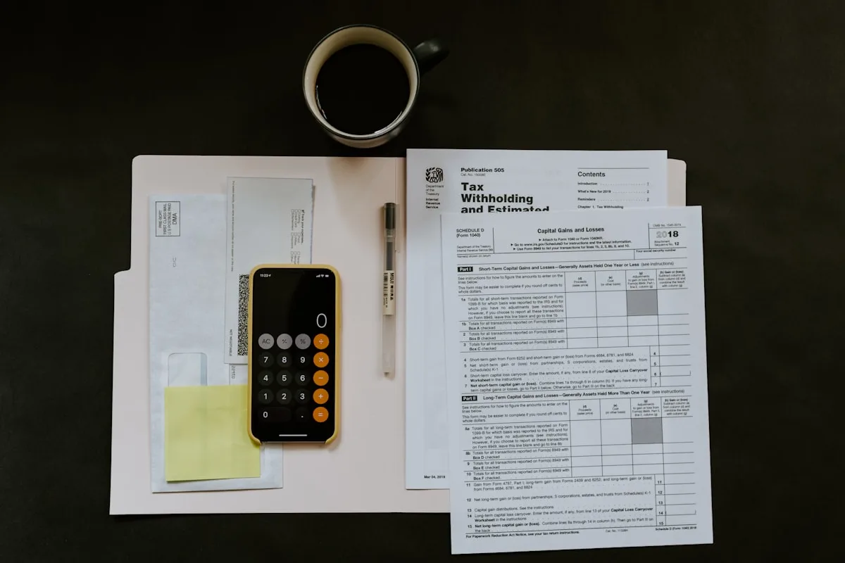 Overhead flat-lay of IRS tax forms on a manila folder, a calculator and a cup of coffee