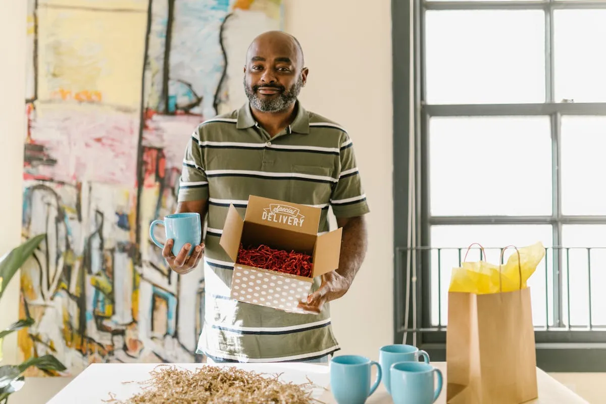 A small business owner packing handmade ceramic mugs into a delivery box at a bright studio workspace with paper bags and products on the table