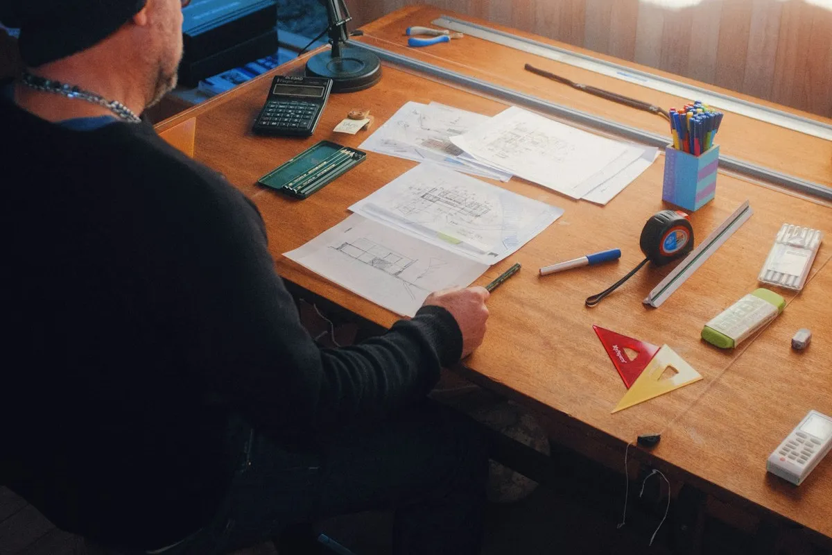 A designer in a dark sweater and beanie leaning over a wooden drafting desk, pencil in hand, working across hand-drawn technical plans surrounded by set squares, a tape measure and pens