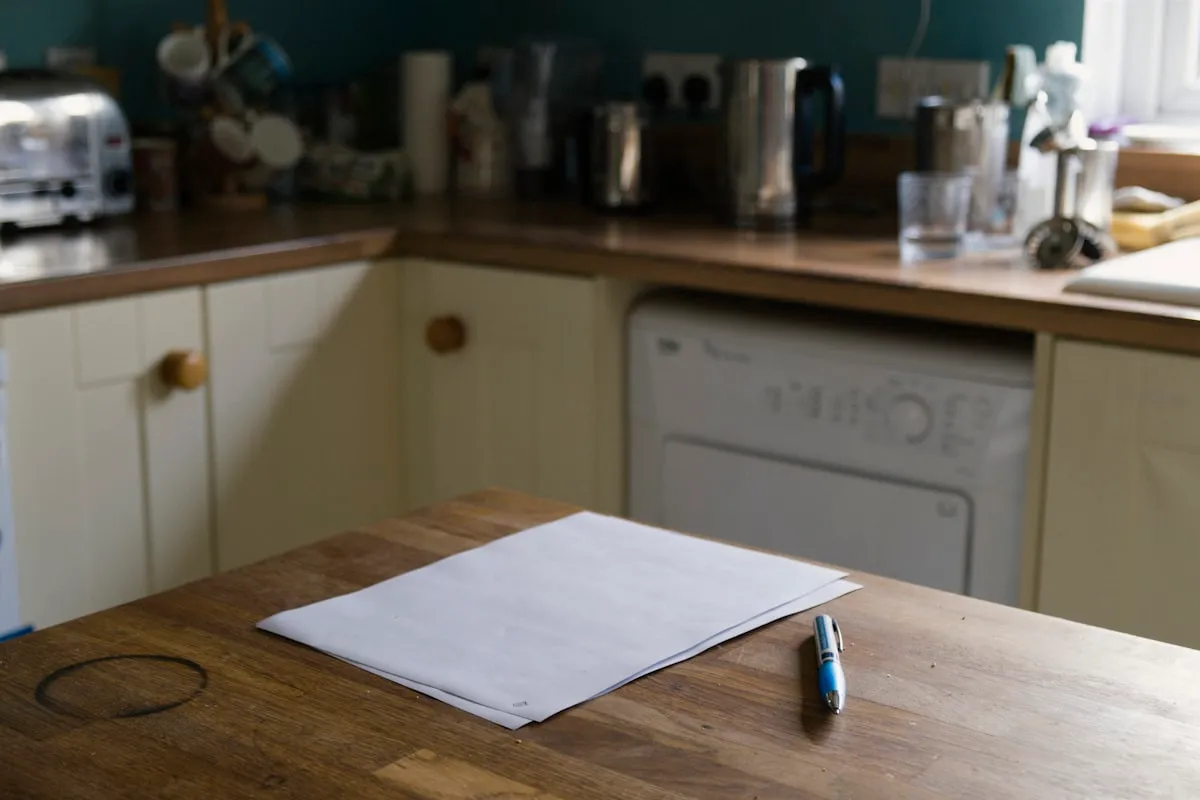 A folded sheet of paper and a pen on a wooden kitchen countertop next to a faint coffee ring, kitchen counters and small appliances softly out of focus behind