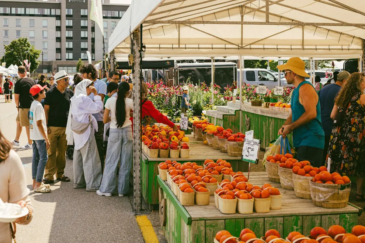 A busy outdoor farmers market under white canopies, with shoppers queuing at a green wooden stall stacked with baskets of tomatoes and a handwritten five-dollar price sign