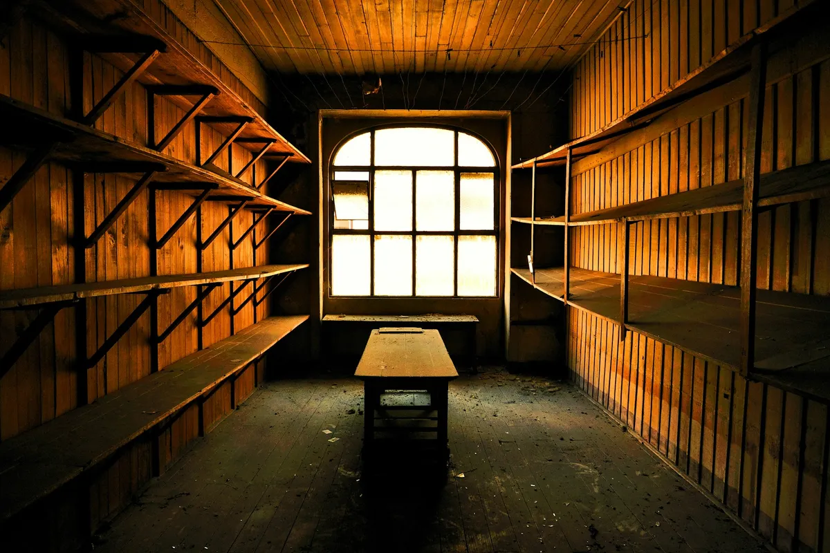 An empty wood-paneled shop room with bare shelves on both walls, a single worktable in the middle and light coming through an arched back window