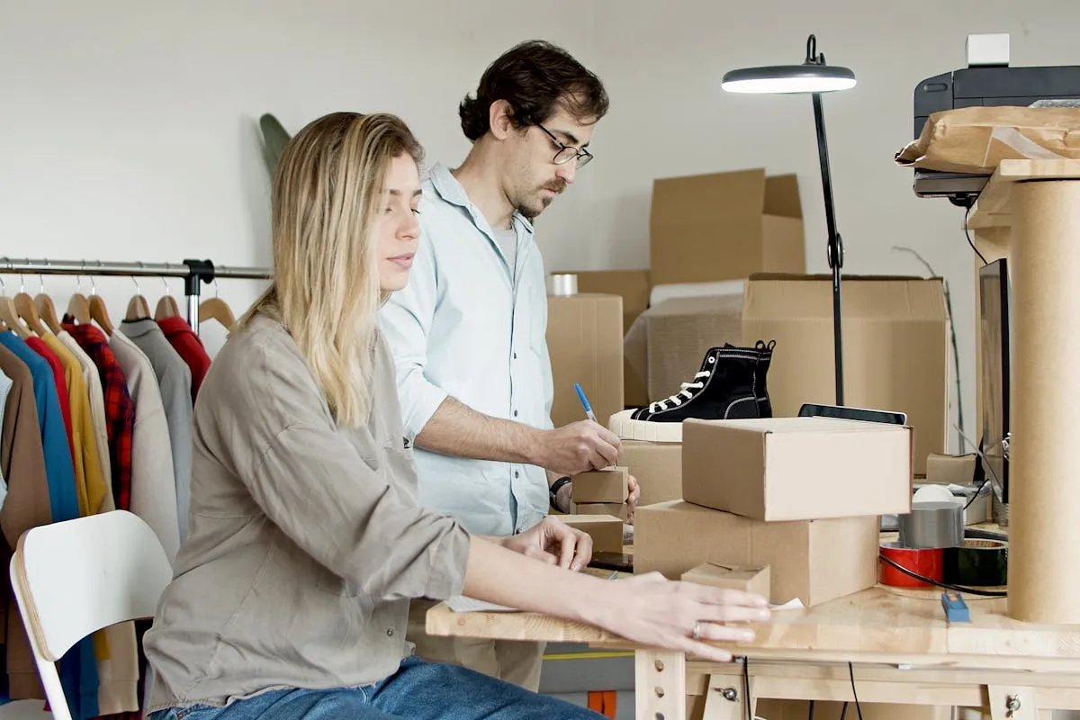 Two small business owners packaging products at a work table surrounded by cardboard shipping boxes, a clothing rack, and packing supplies