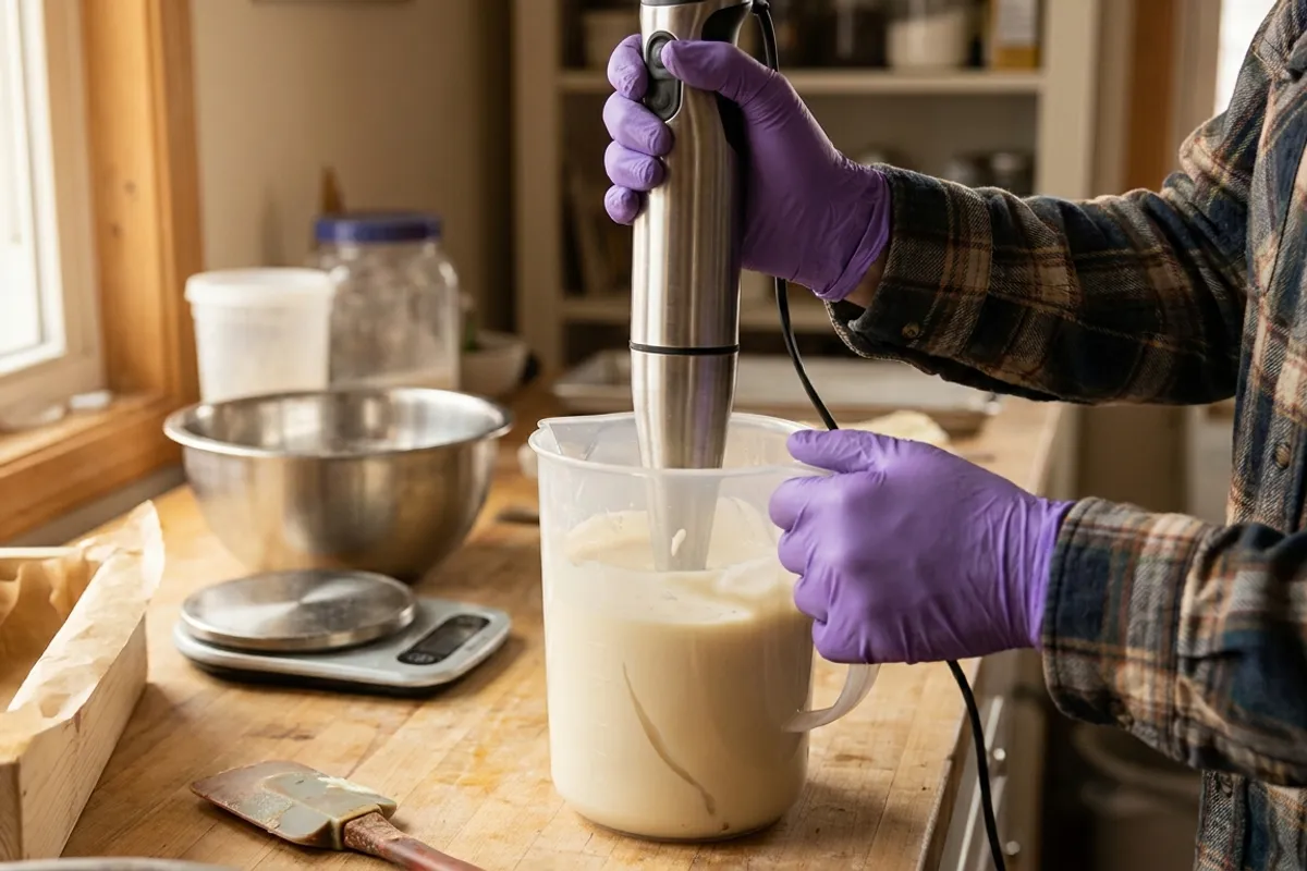 Gloved hands holding a stainless steel stick blender upright in a tall plastic pitcher of creamy off-white soap batter on a wooden workbench, with a digital scale, a steel bowl and a parchment-lined loaf mold nearby
