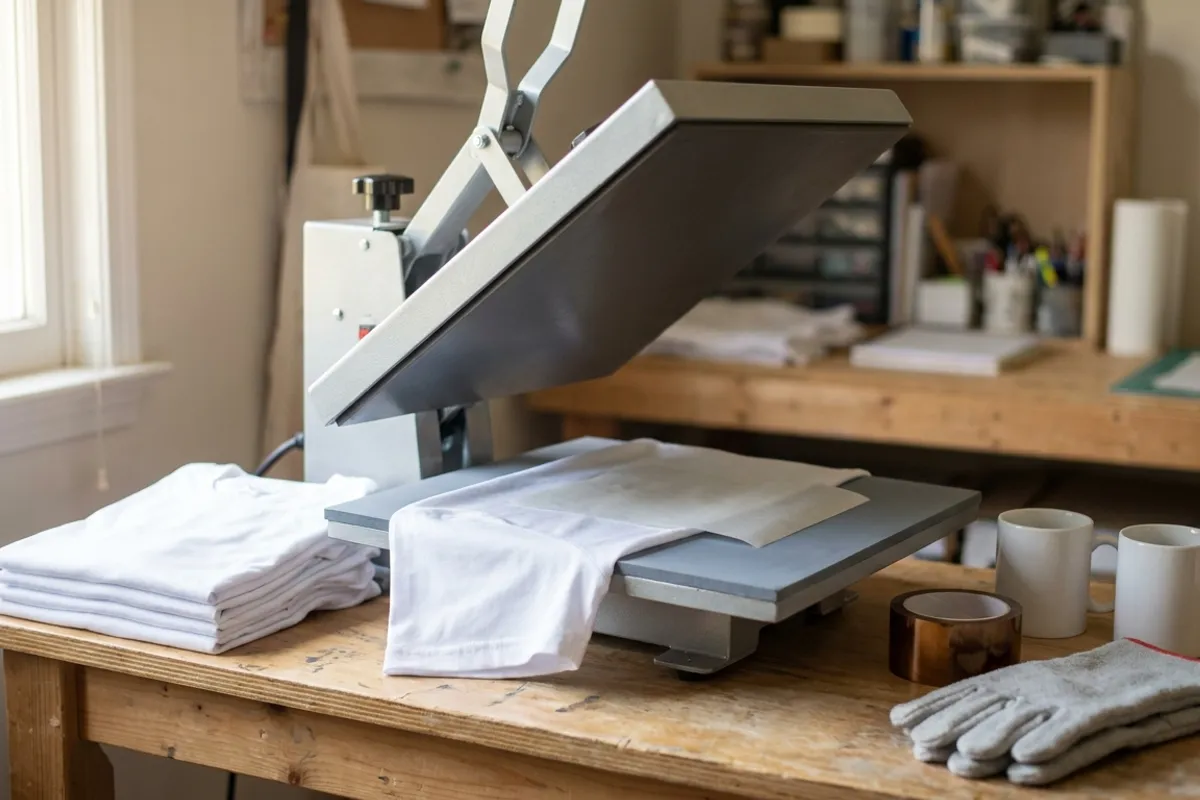 An open clamshell heat press on a wooden workbench, its upper platen raised over a white t-shirt and sublimation transfer sheet, with blank shirts, mugs, heat tape and gloves beside it