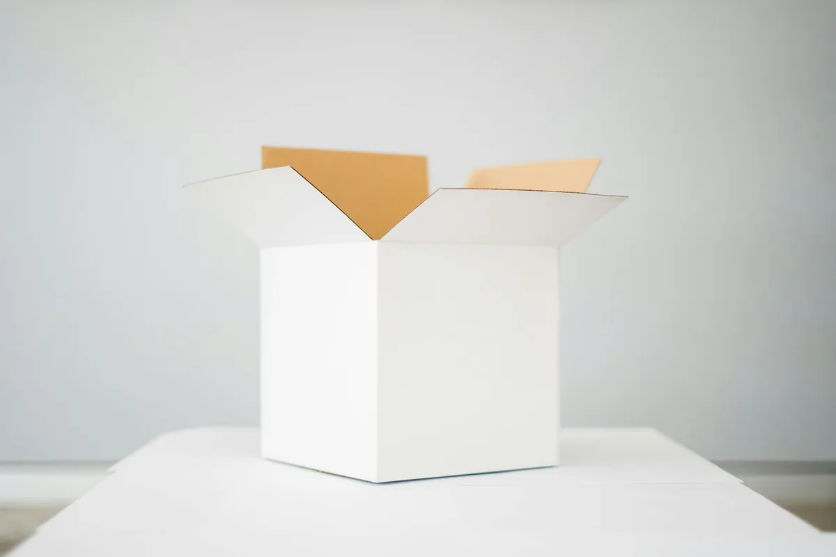 An open, empty white cardboard shipping box with kraft-brown interior flaps on a white surface against a pale gray wall