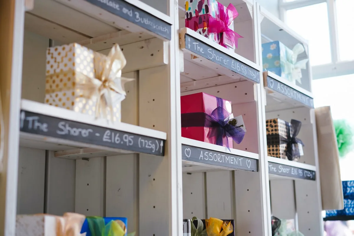 Boxed gift products arranged across white shop shelving, each shelf edge labeled with a small handwritten chalkboard price sign