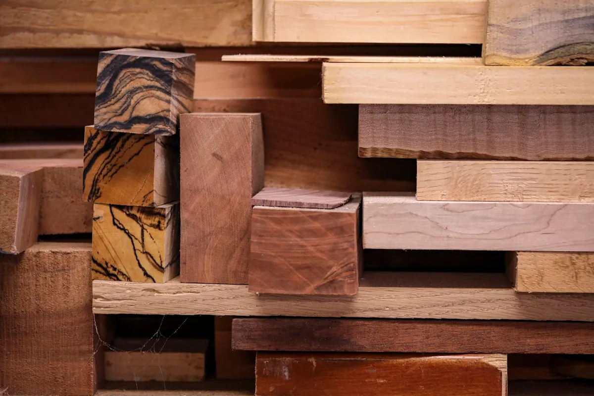 Stacked hardwood blocks and boards in various species including walnut, maple, and figured exotic wood in a workshop