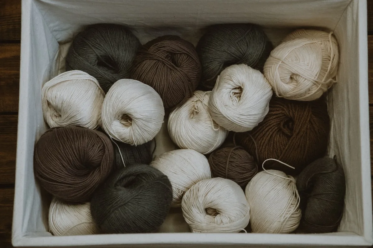 Overhead view of a cloth storage bin filled with balls of yarn in cream, brown, and grey — a fiber artist's stash organized as inventory
