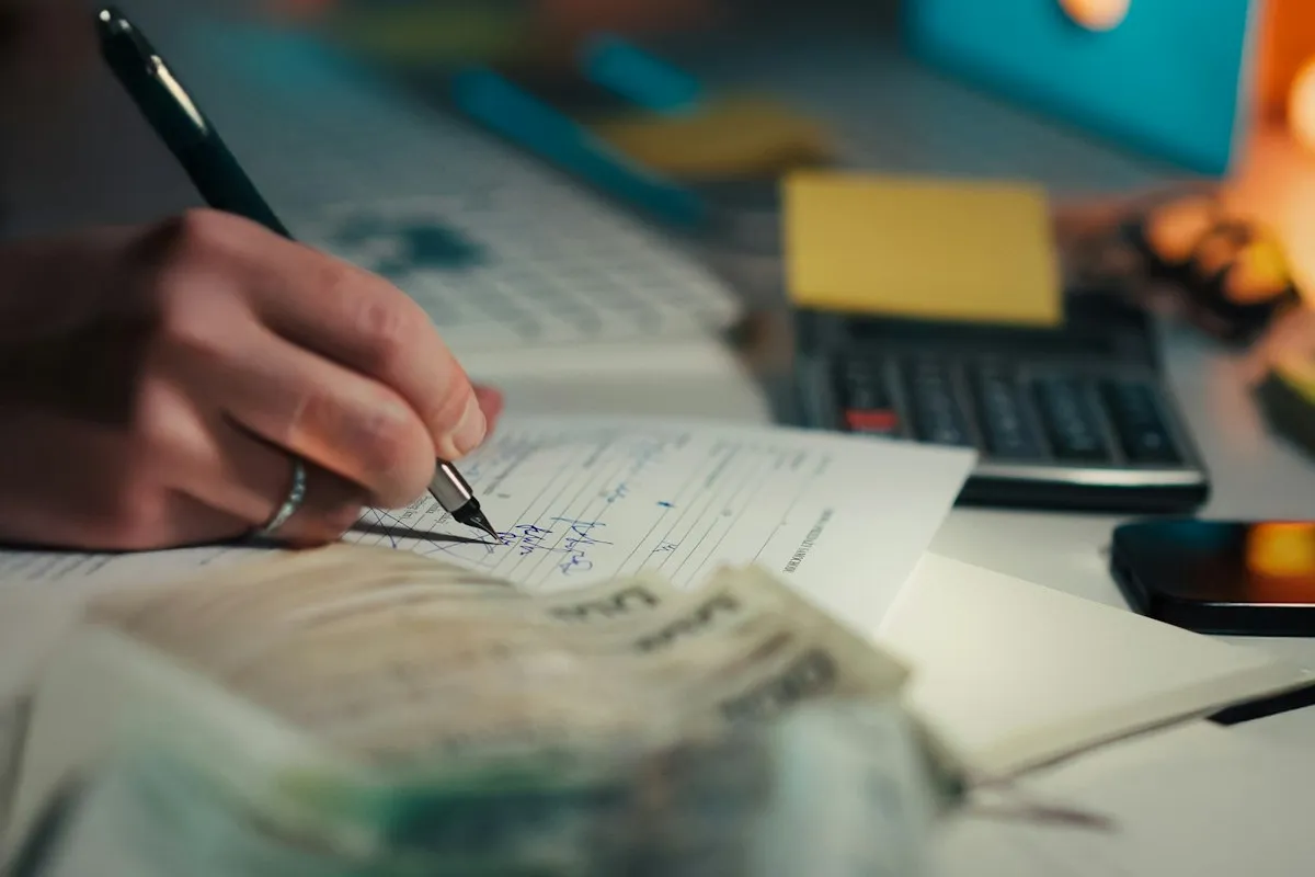 A hand with a pen filling in a paper form on a desk, next to a calculator, sticky notes, and a blurred stack of banknotes, lit by warm evening lamplight
