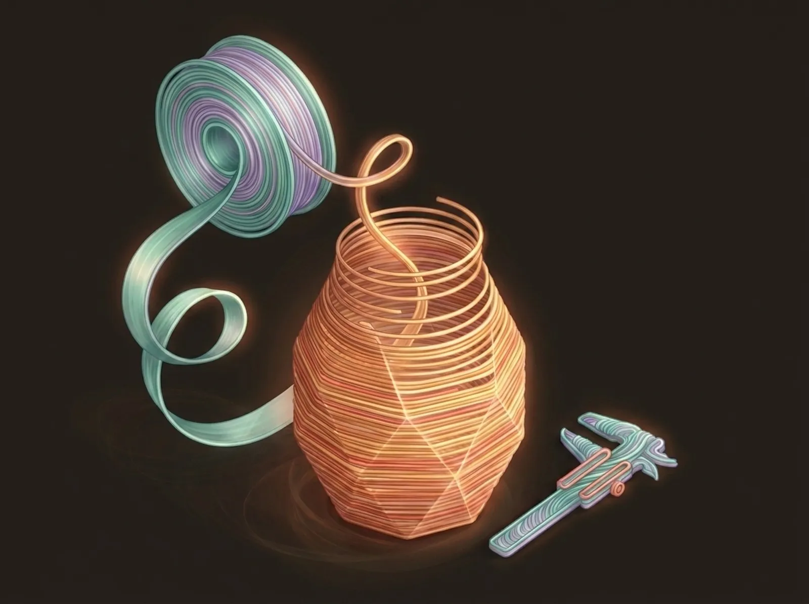 A 3D printing scene sculpted from extruded filament: a layered vase mid-print, a filament spool, and a caliper