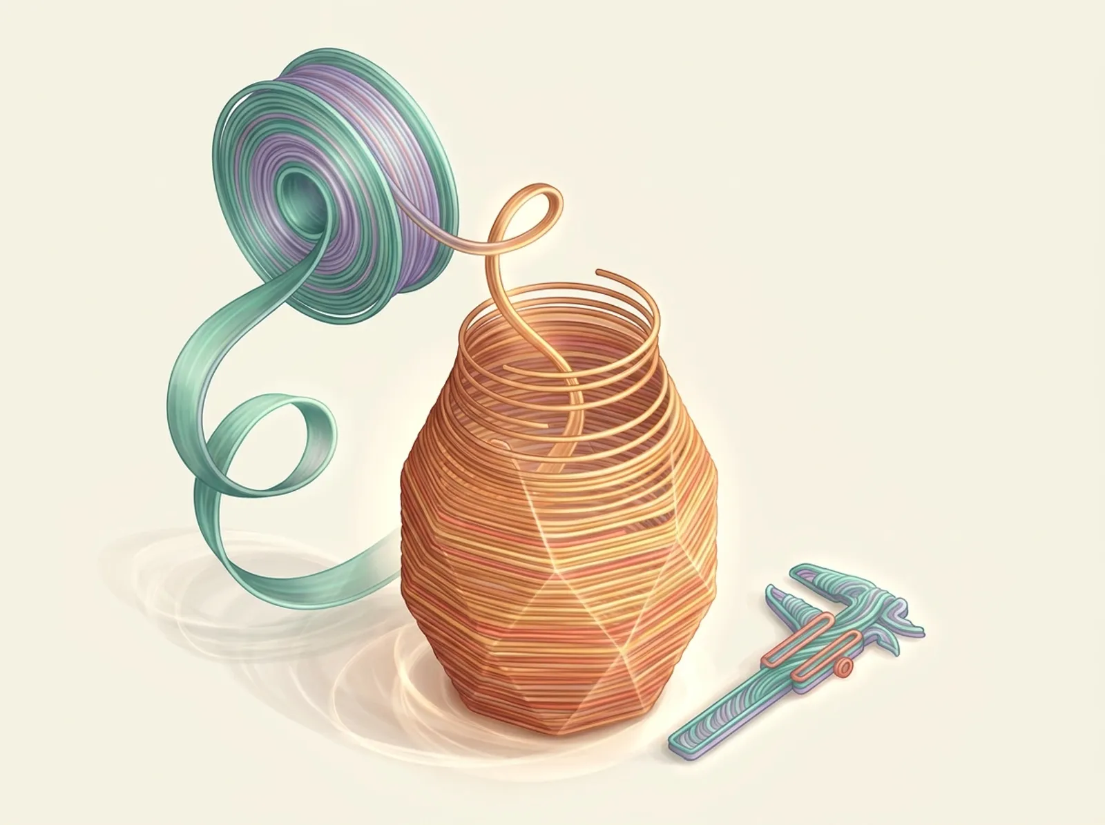 A 3D printing scene sculpted from extruded filament: a layered vase mid-print, a filament spool, and a caliper