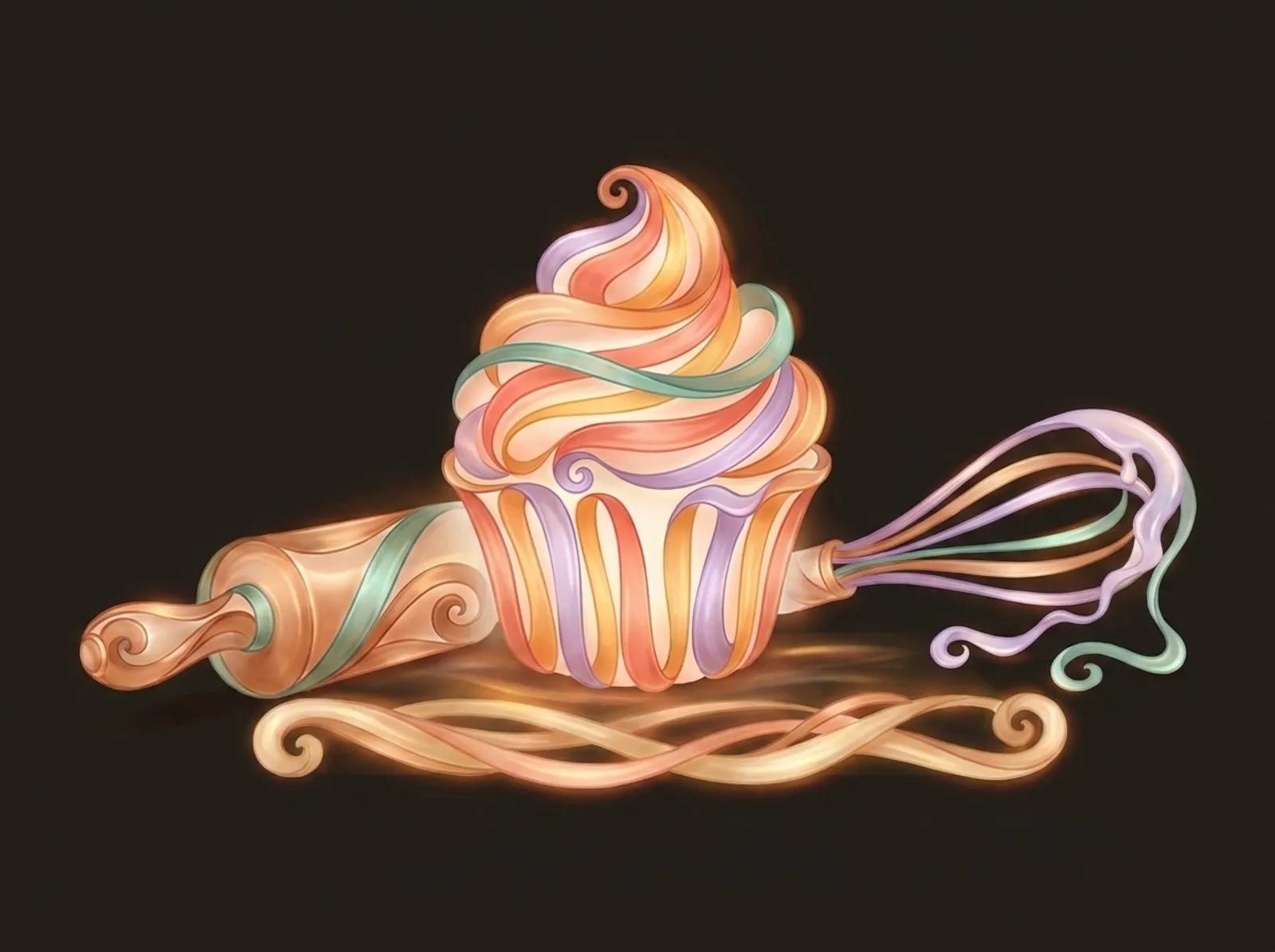 A baking scene sculpted from piped dough and icing: a frosted cupcake, a rolling pin, and a whisk