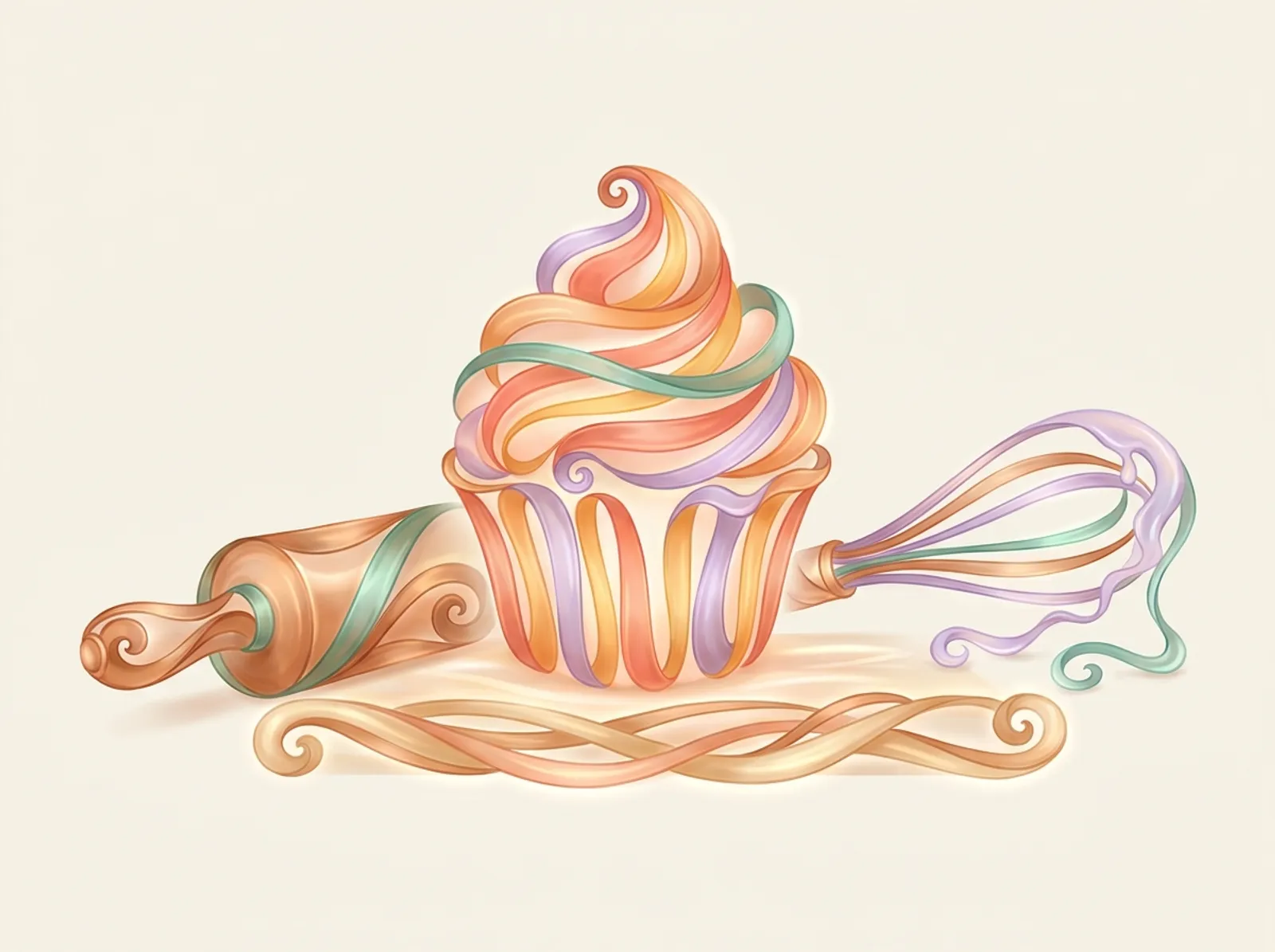 A baking scene sculpted from piped dough and icing: a frosted cupcake, a rolling pin, and a whisk