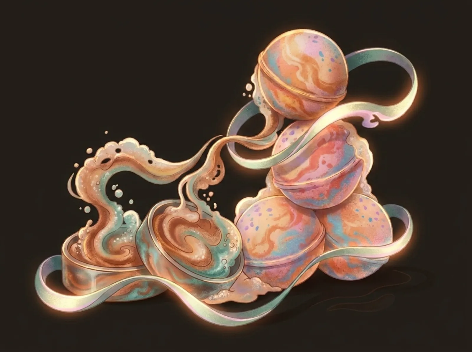 A bath bomb workbench sculpted from fizzing foam: a stack of speckled bath bombs, mold halves, and rising bubbles