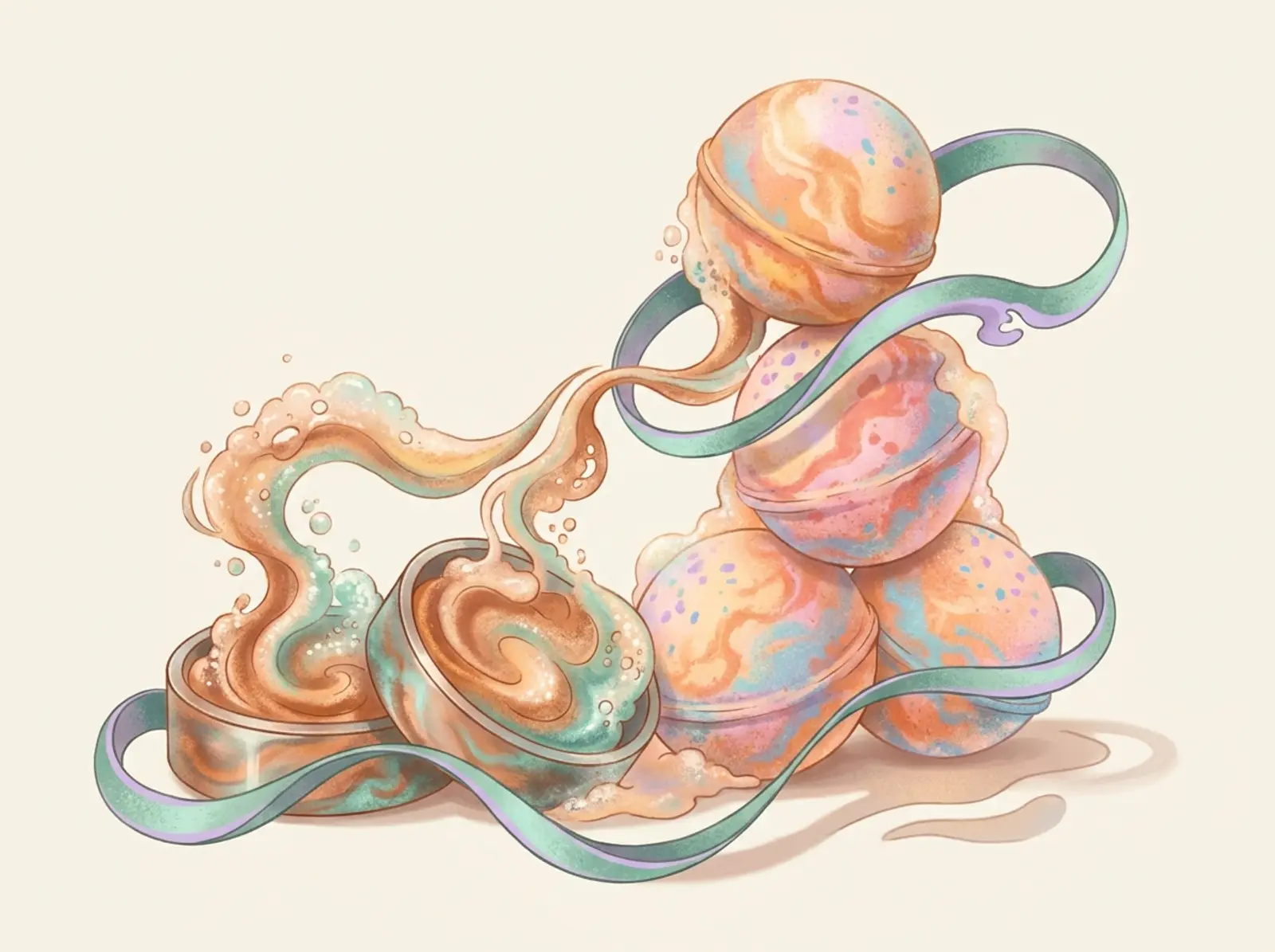 A bath bomb workbench sculpted from fizzing foam: a stack of speckled bath bombs, mold halves, and rising bubbles