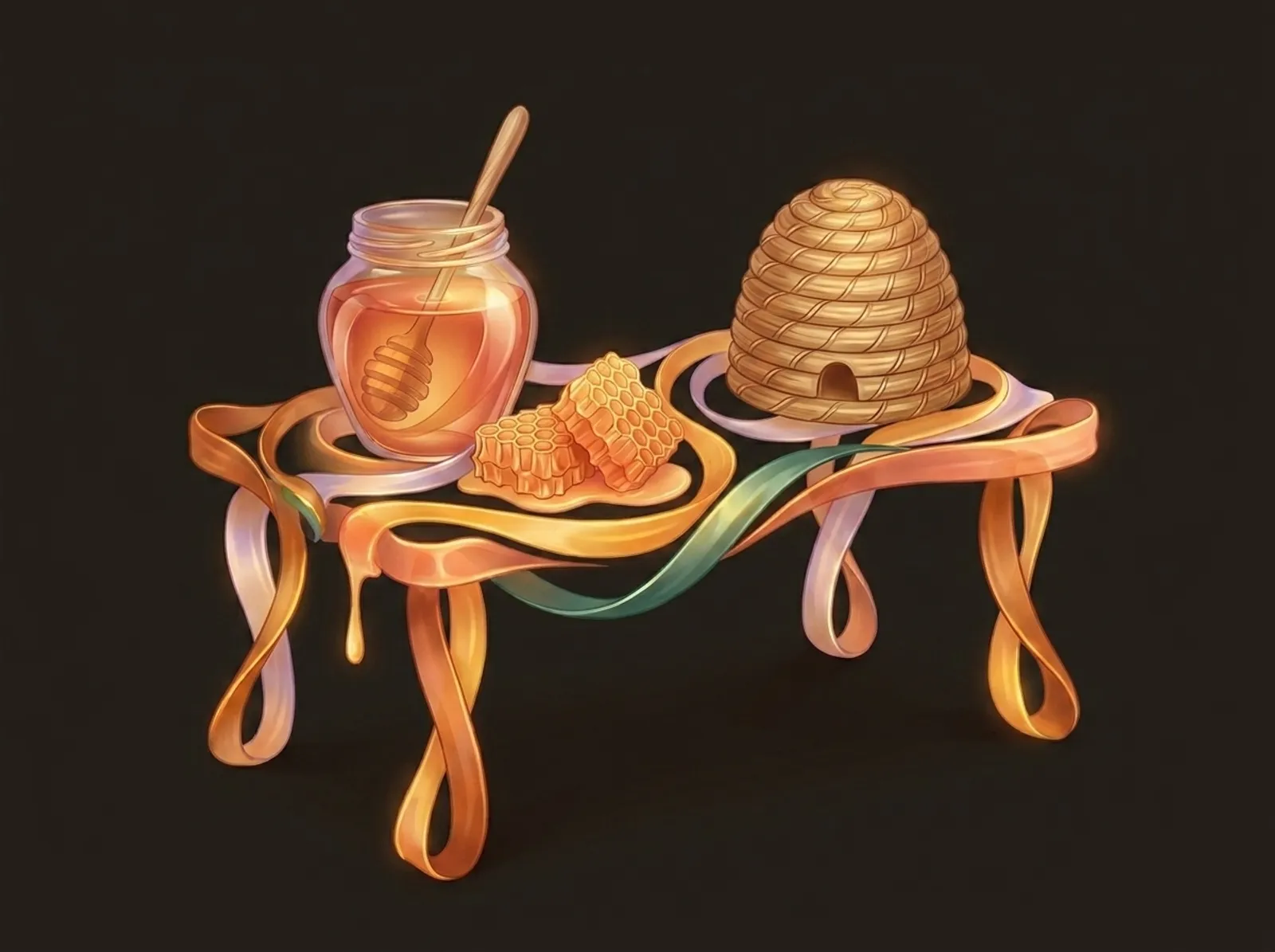 A beekeeping scene sculpted from flowing honey: a honey jar with dipper, honeycomb, and a skep hive