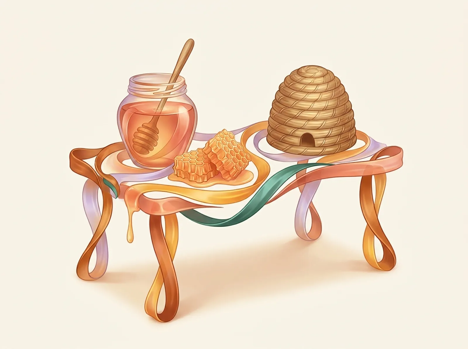 A beekeeping scene sculpted from flowing honey: a honey jar with dipper, honeycomb, and a skep hive