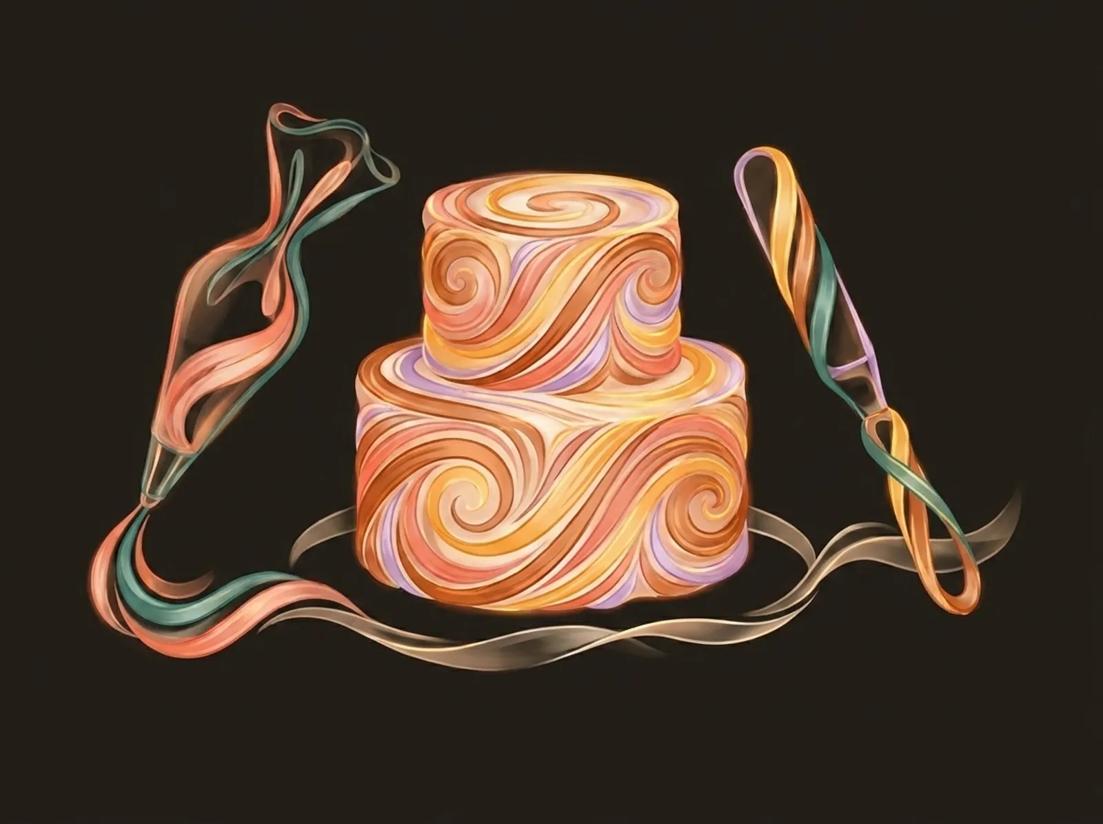 A cake decorating scene sculpted from buttercream: a tiered swirled cake, a piping bag, and a spatula