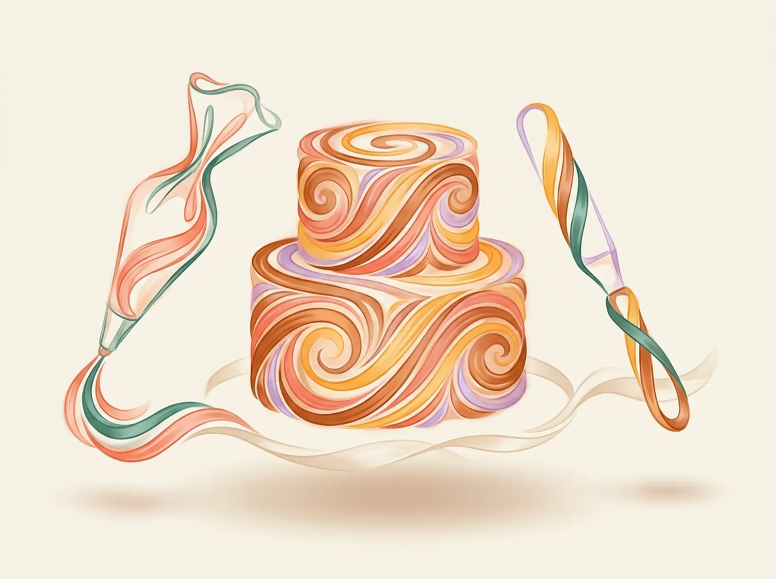 A cake decorating scene sculpted from buttercream: a tiered swirled cake, a piping bag, and a spatula