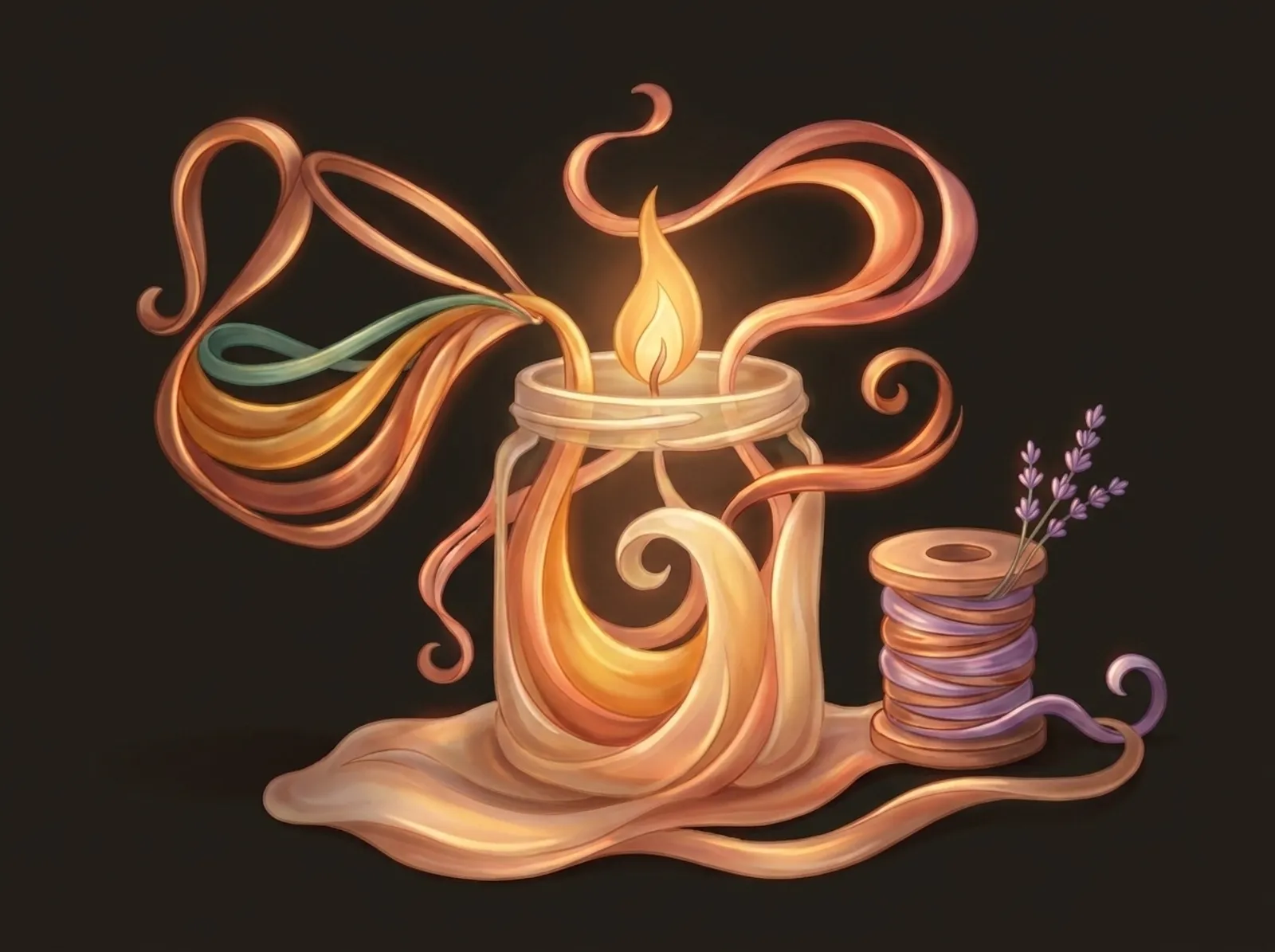 A candle maker's workbench sculpted from flowing wax: a lit jar candle, a pouring pot, and a wick spool