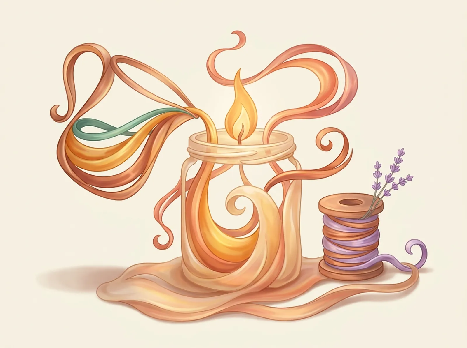 A candle maker's workbench sculpted from flowing wax: a lit jar candle, a pouring pot, and a wick spool