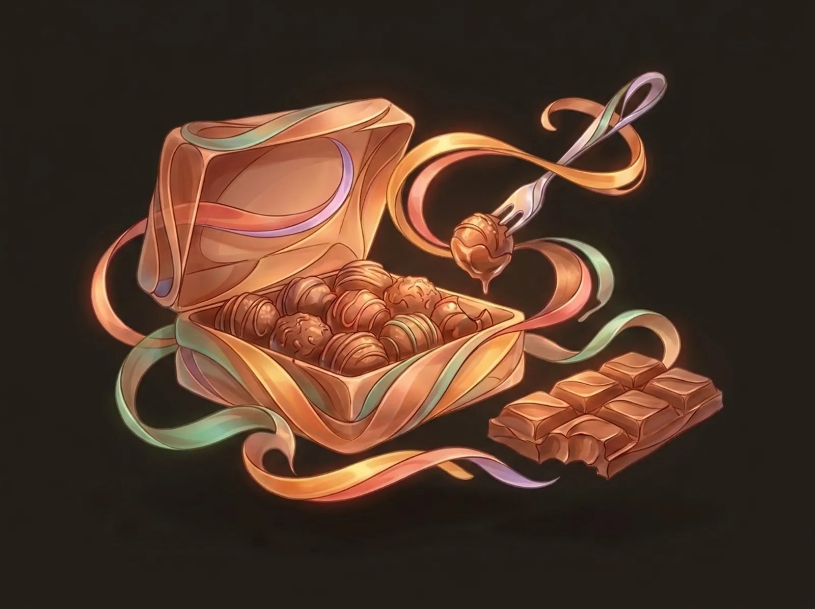 A chocolatier scene sculpted from tempered chocolate: a box of truffles, a dipping fork, and a chocolate bar