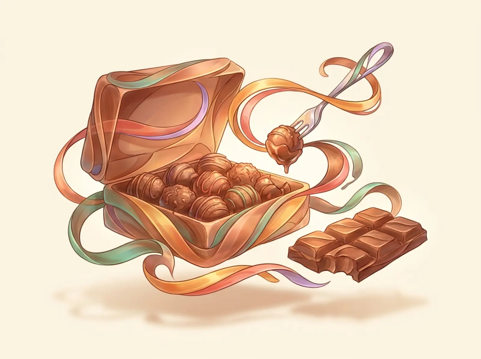 A chocolatier scene sculpted from tempered chocolate: a box of truffles, a dipping fork, and a chocolate bar
