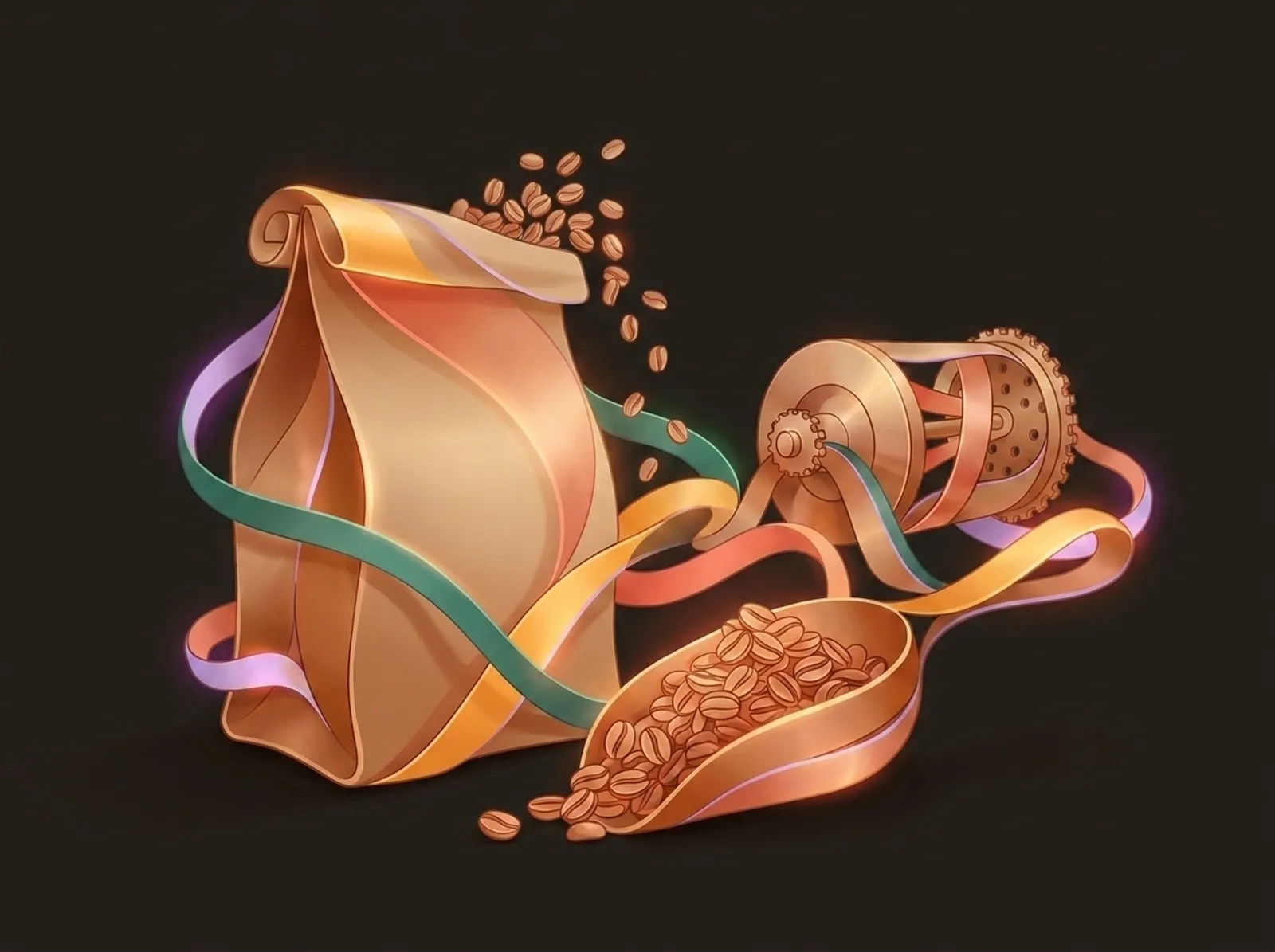 A coffee roasting scene sculpted from coffee ribbons: a kraft bean bag, a roasting drum, and a scoop of beans