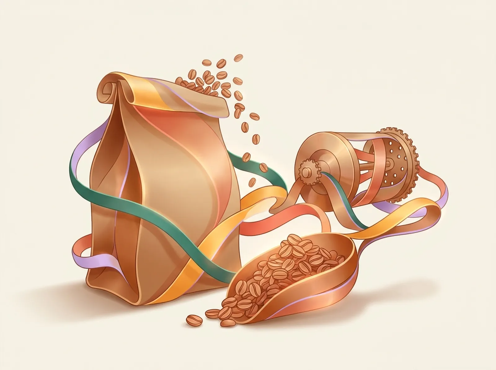 A coffee roasting scene sculpted from coffee ribbons: a kraft bean bag, a roasting drum, and a scoop of beans