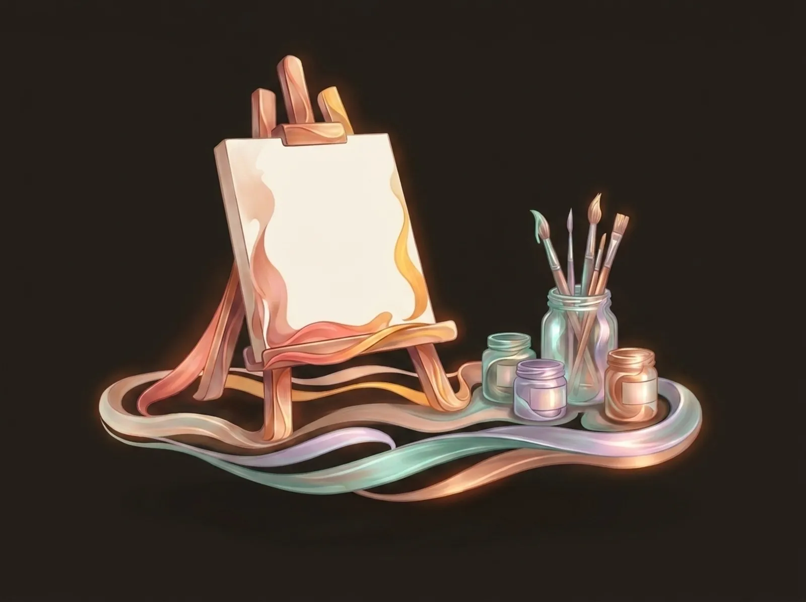 A craft workshop scene sculpted from paint ribbons: a table easel, paint pots, and brushes