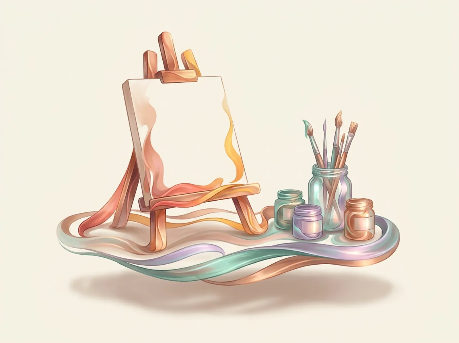 A craft workshop scene sculpted from paint ribbons: a table easel, paint pots, and brushes
