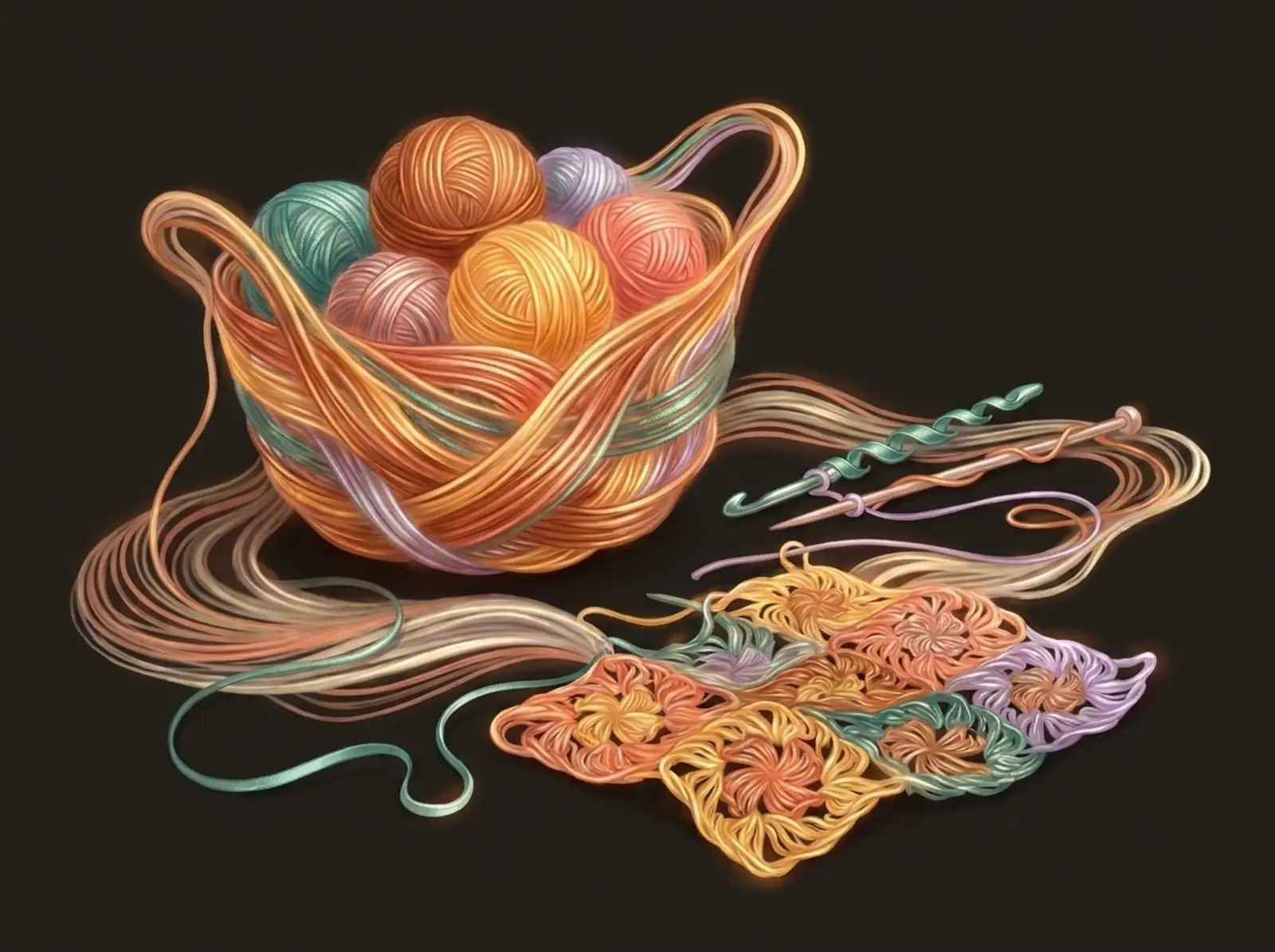 A crochet and knitting scene sculpted from yarn: a basket of yarn balls, hooks and needles, and granny squares