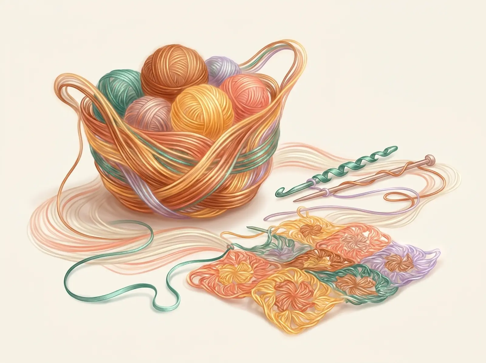 A crochet and knitting scene sculpted from yarn: a basket of yarn balls, hooks and needles, and granny squares