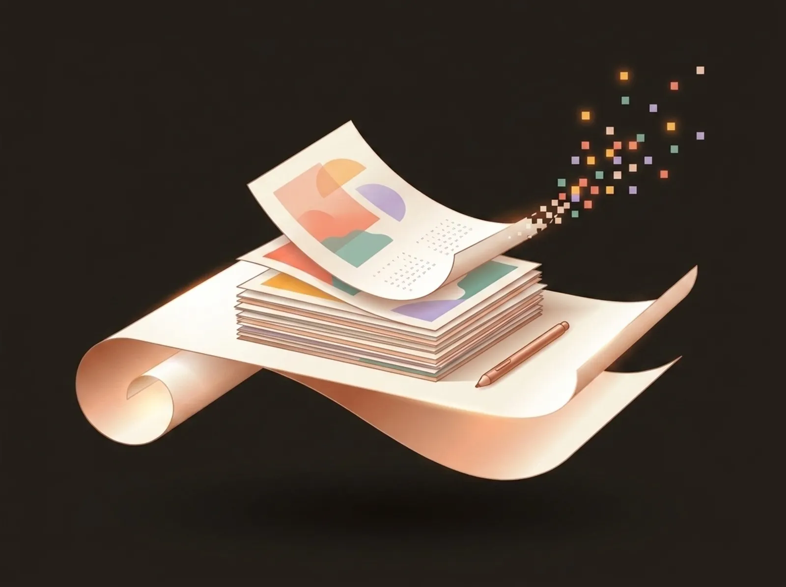 A digital creator scene sculpted from curling prints: a stack of art prints and planners with one sheet dissolving into pixels