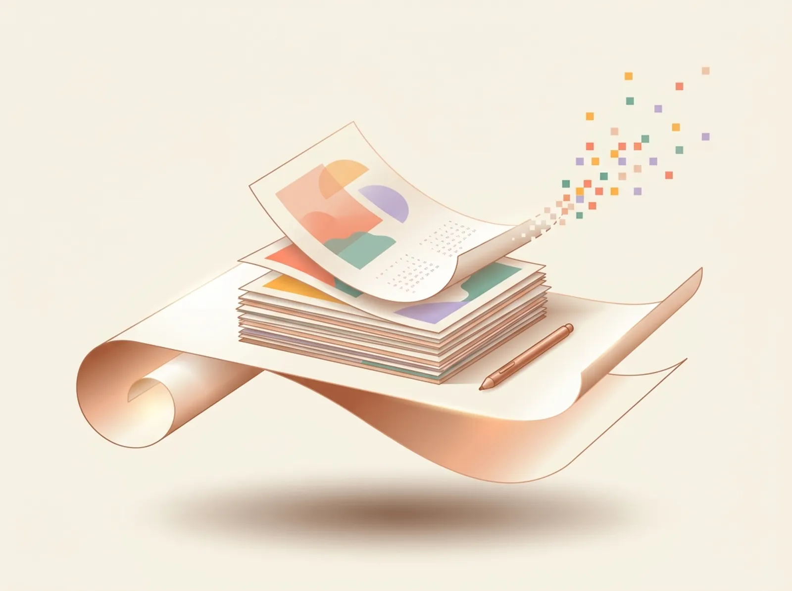 A digital creator scene sculpted from curling prints: a stack of art prints and planners with one sheet dissolving into pixels