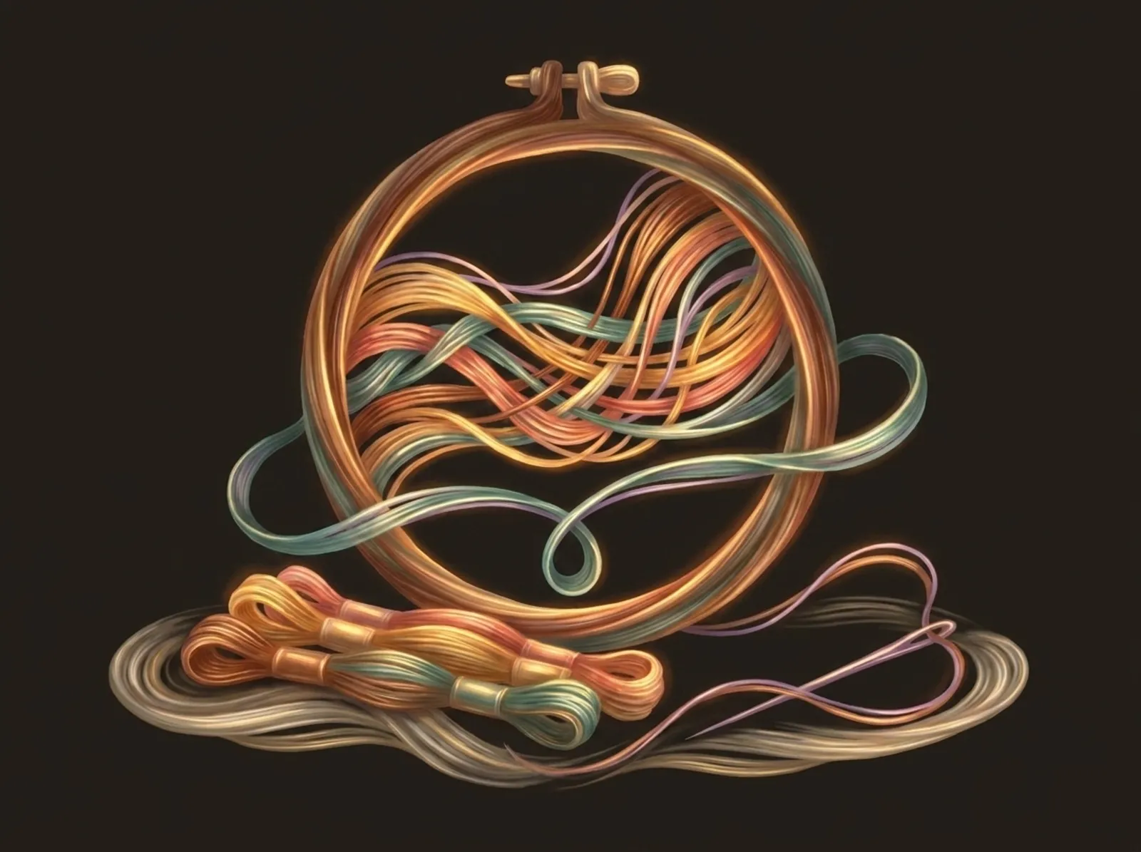 An embroidery scene sculpted from floss: a hoop with flowing threads, skeins, and a needle