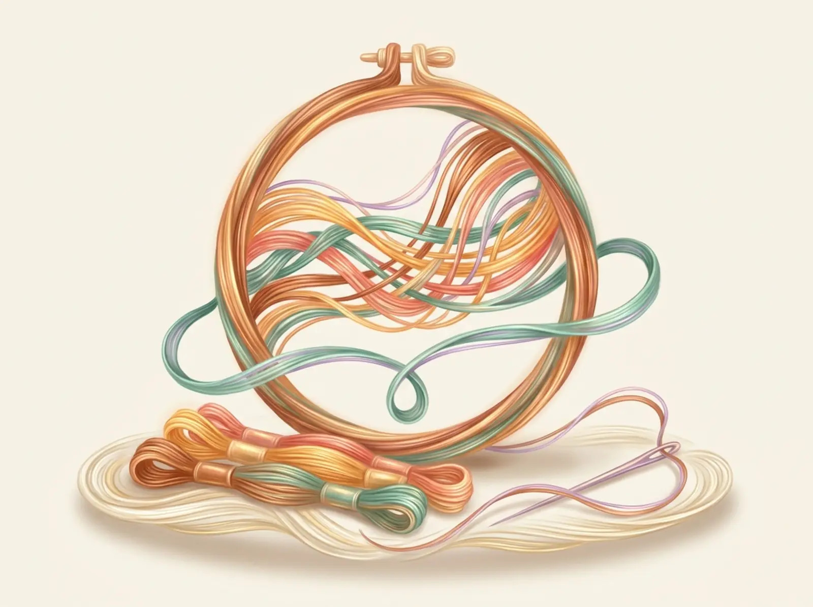 An embroidery scene sculpted from floss: a hoop with flowing threads, skeins, and a needle