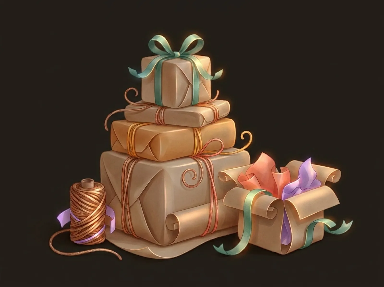 A handmade seller scene sculpted from kraft paper and twine: wrapped parcels, a twine spool, and a tissue-lined box