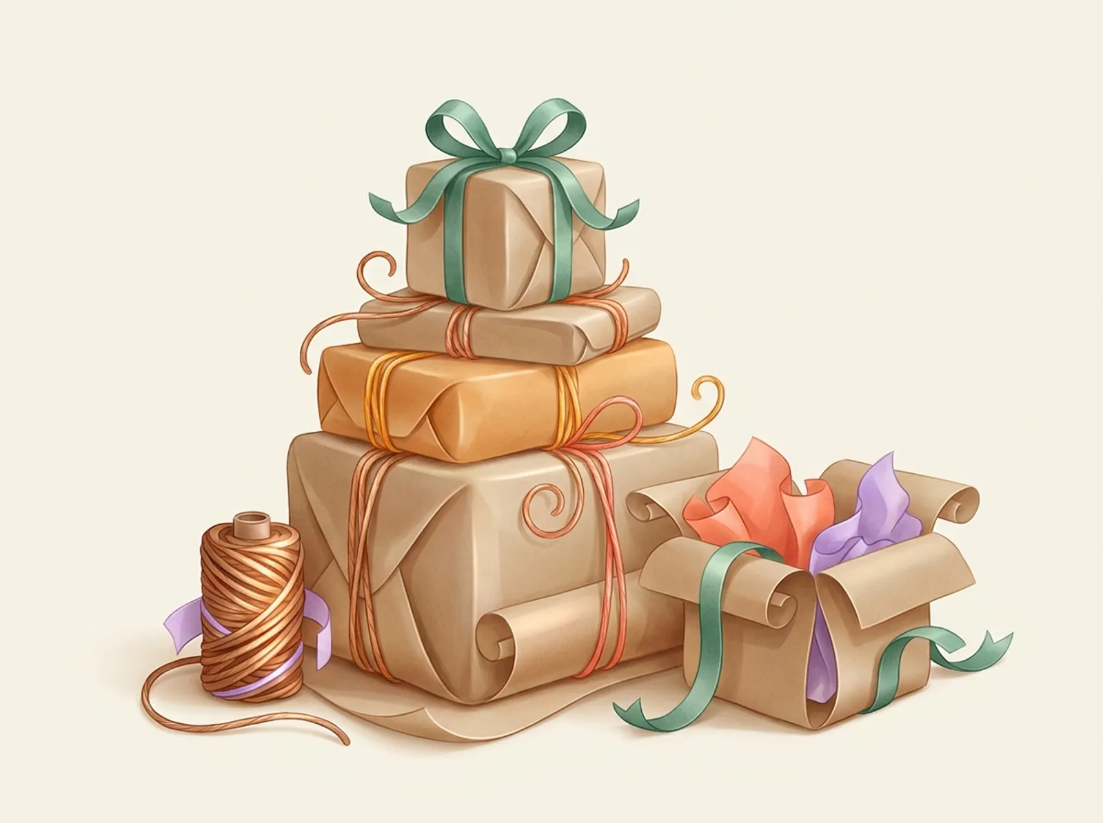 A handmade seller scene sculpted from kraft paper and twine: wrapped parcels, a twine spool, and a tissue-lined box